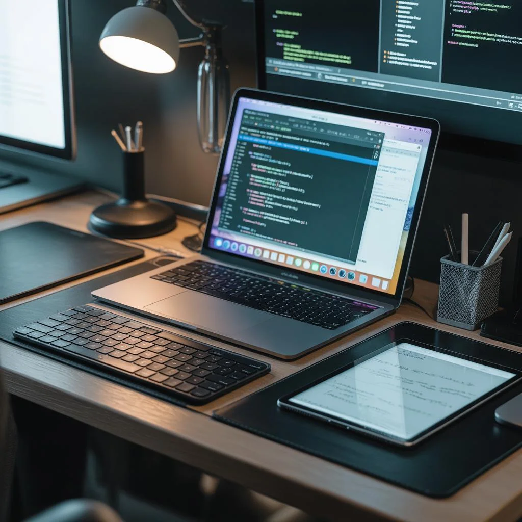 Yigit Esmen's development workspace: a laptop running a code editor, flanked by dual monitors and a notes tablet.