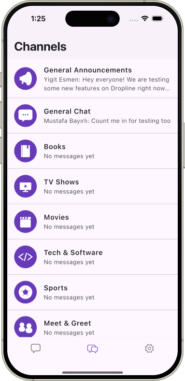 Channels — Dropline — Real-Time Messaging App