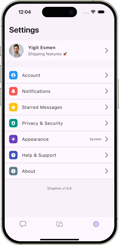 Settings — Dropline — Real-Time Messaging App